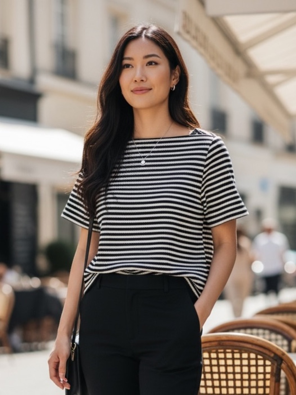 T Alexander Wang Striped Leather Trim Boatneck Top 6 Black/White